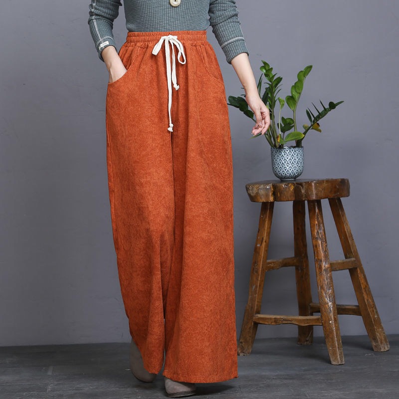 Spring And Autumn, Corduroy, High Waist, Retro Tie Wide Leg Pants, Casual Pants, Loose All-match Straight Trousers
