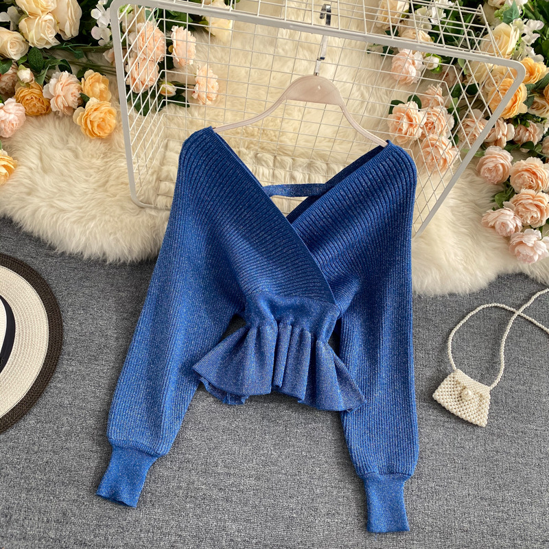 Bling Silk Knit Top, Goddess Style Temperament, V-neck, Waist Tight Show Thin Lotus Leaf Arranged Sweater