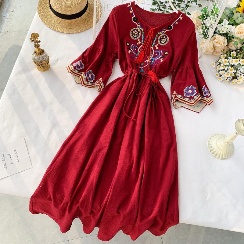 Bohemian Folk Dress,embroidered Maxi Dress,short Sleeve Dress