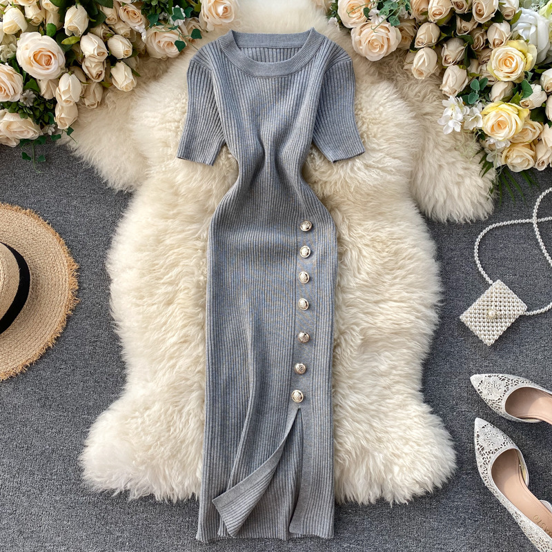 Popular , Simple Solid Color, Breasted Short Sleeve Knit Slit, Hip Wrap Dress