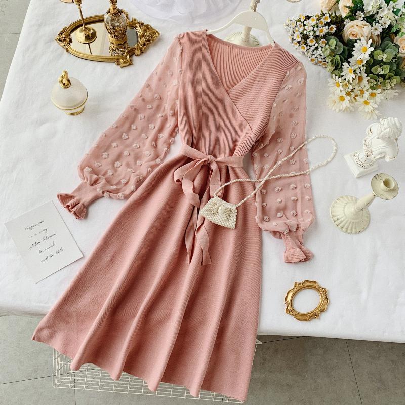 white christmas dresses New chiffon stitching lace Dress lady elegant temperament long dress shirt  collar long sleeve women print dresses main image 1