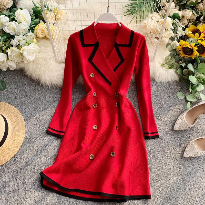 Vintage Spring And Autumn Outfit, Contrasting Color Suit Collar, Temperament Double Breasted, Waist Tight Show Thin Knit Dress