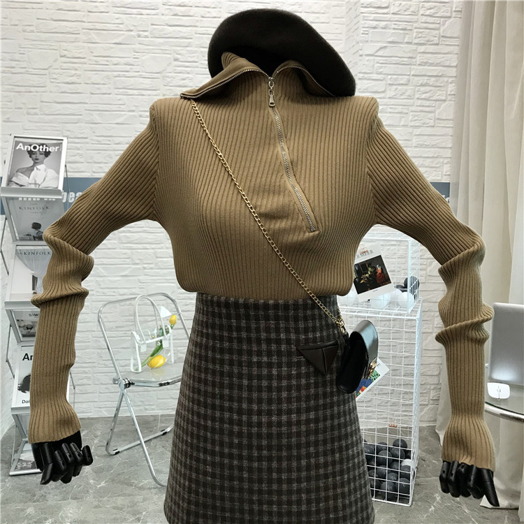 Spring And Autumn Style, Sweater Turtleneck, Stitching, Oblique Zipper Knitted Bottom Shirt