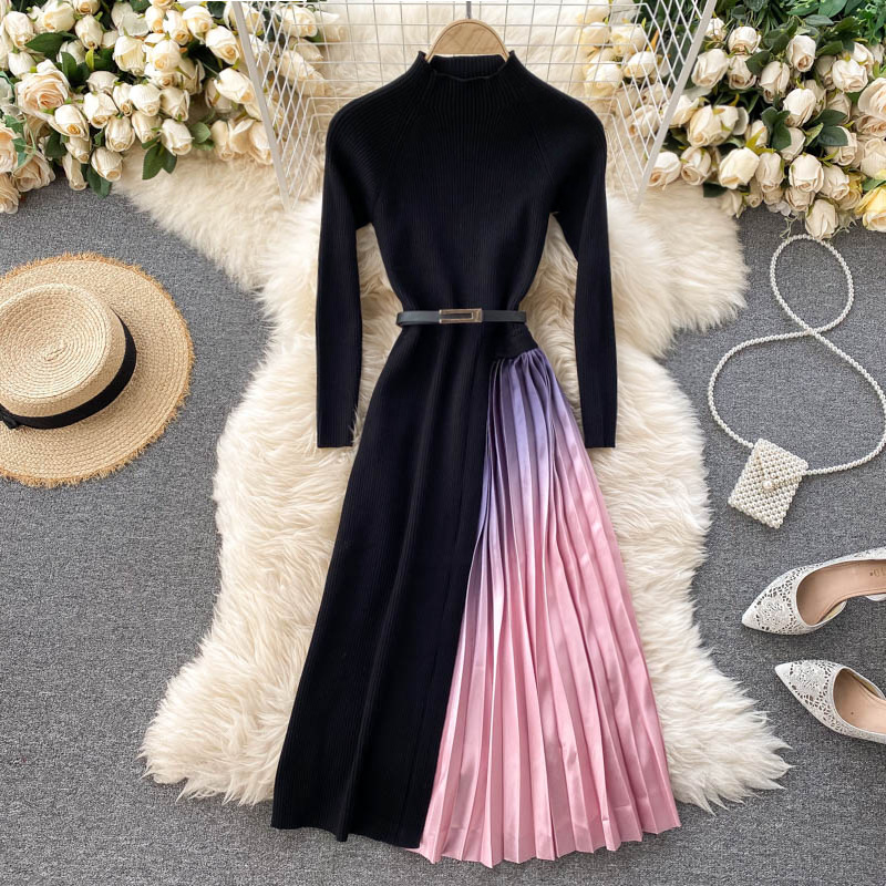 Knitted Dress Female, Gradient Color, Pressure Pleated Big Swing, Stitching Temperament Of Socialite Dress