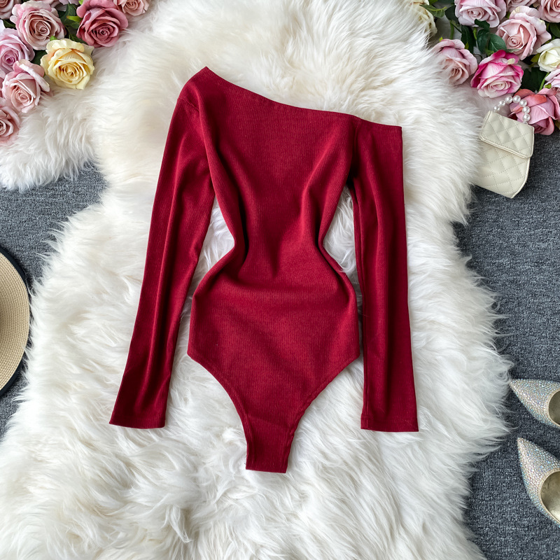 Inclined Shoulder, Long Sleeve Jacket, Sexy Waist, Slim, Solid Color T-shirt Onesie