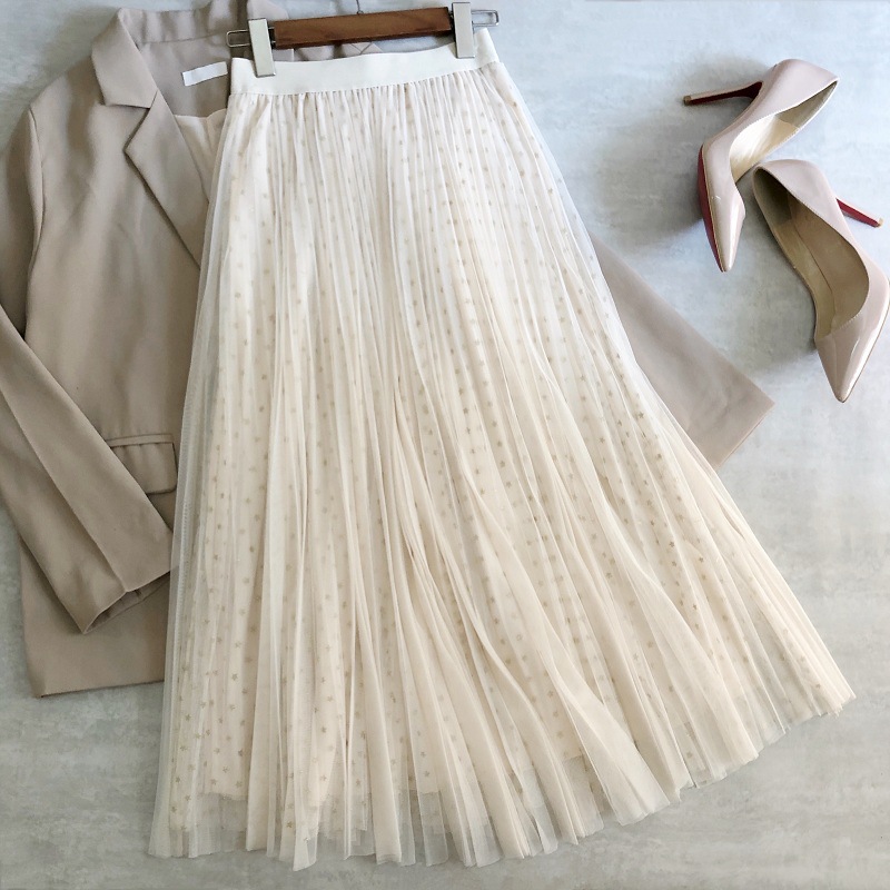 Spring And Summer Skirt, Gilded Star Net Gauze Skirt, Fairy Elegant, Double Gauze Skirt, Drape Feeling Large Pleated Skirt