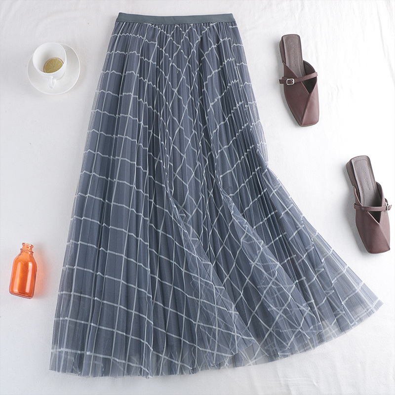 Early Spring Style, Mesh Skirt, Plaid Print Pleated Skirt, Plaid Medium Length Skirt, A-line Skirt