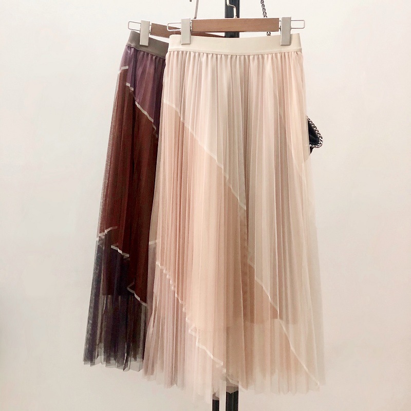 Contrasting Color Gauze Skirt, High Waist Color Matching Gauze Skirt Skirt, Long A-line Pleated Skirt
