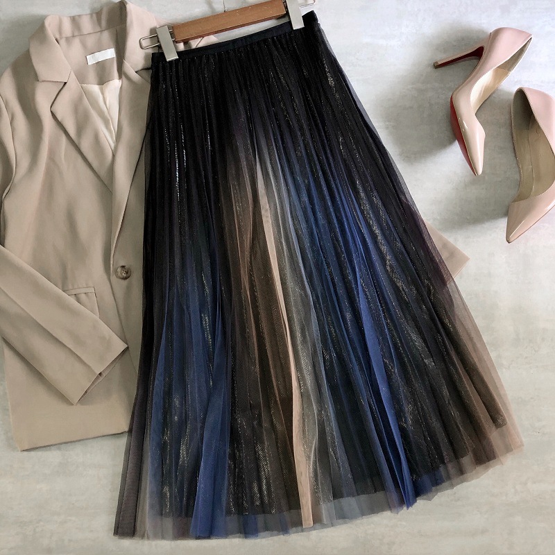 Spring And Summer Style, Bright Silk Skirt, Rainbow Gradient Net Gauze Skirt, High Waist Pleated Skirt, Long, Drape Feel A-line Skirt