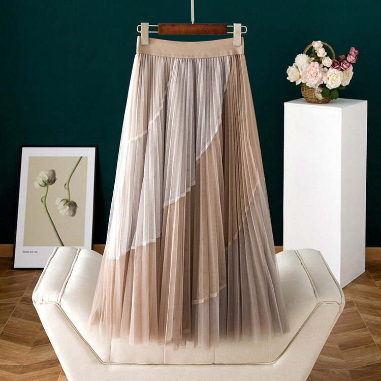 Color Mesh Gauze Skirt, Matching Color Splicing Pleated Skirt, High Waist Big Skirt, Puffy A-line Skirt