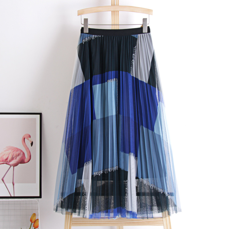 Spring And Summer Skirt, Clash Color Mesh Pleated Skirt, Color Matching Graffiti Skirt, High Waist Long A-line Skirt