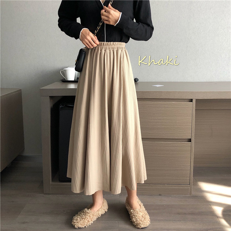 Ice Silk Vertical Toothpick Pattern, Embossed A-line Skirt, High Waist Splicing Medium Long Skirt