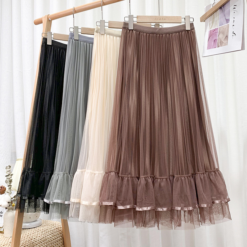 Spring And Summer Skirt, Flounces Ribbon Gauze Skirt, High Waist Double Mesh, Large Hem Pleated Skirt A-line Skirt