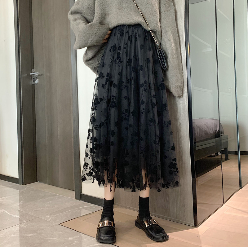 Flocking Flower Embroidered Mesh Gauze Skirt, High Waist To Show Thin In The Middle And Long Style, Big Skirt Arranged A-line Skirt