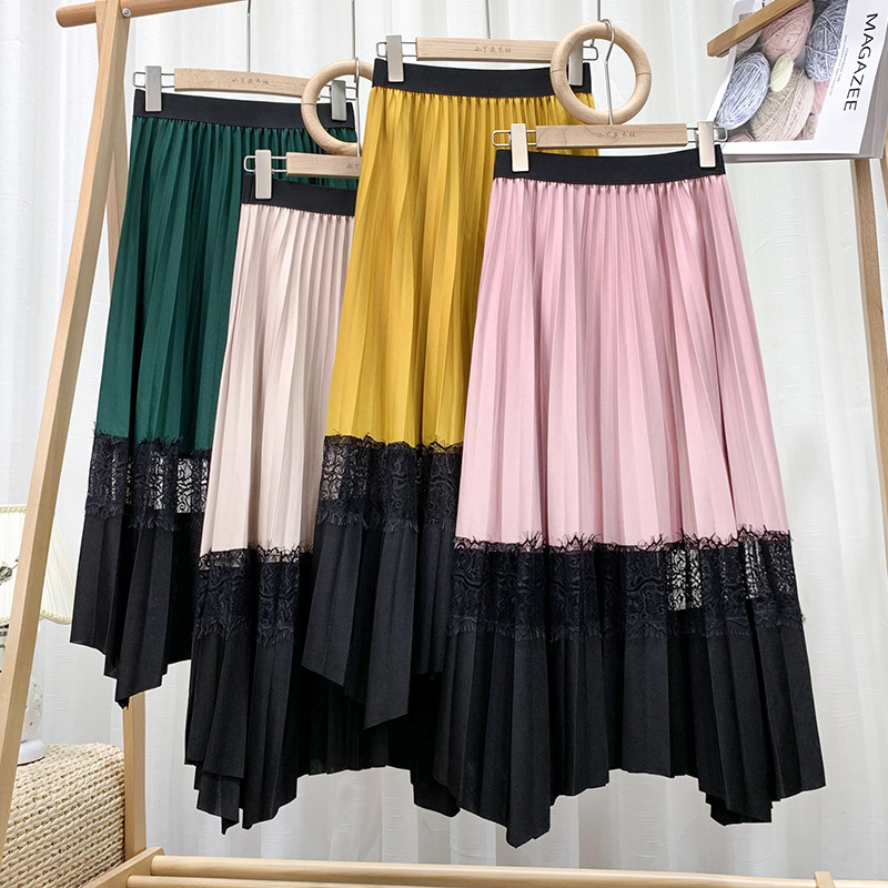 Lace Splicing Collision Color Pleated Skirt, Medium And Long High Waist, Drape Feeling Big Skirt Arranged A-line Skirt
