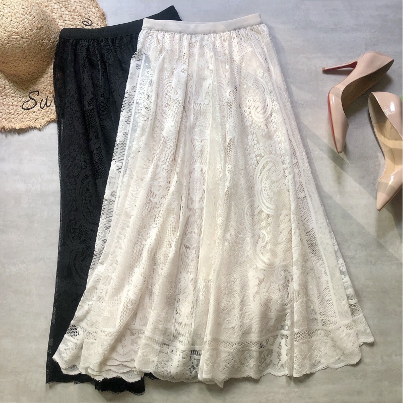 Lace Skirt, High Waist Hollowed-out Long Fairy Skirt, Drape Feeling Show Thin Big Skirt Arranged A-line Skirt
