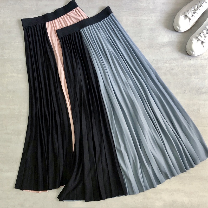 Splicing, Contrasting Colors, Pleated Skirt With Large Skirt, Drape Cotton, High Waist Commuter A-line Skirt
