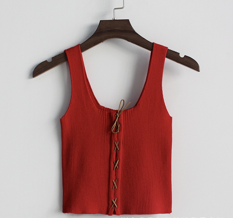 Spring And Summer, Solid Color Cross Tie Rope, Knit Sleeveless Vest, Crop Top