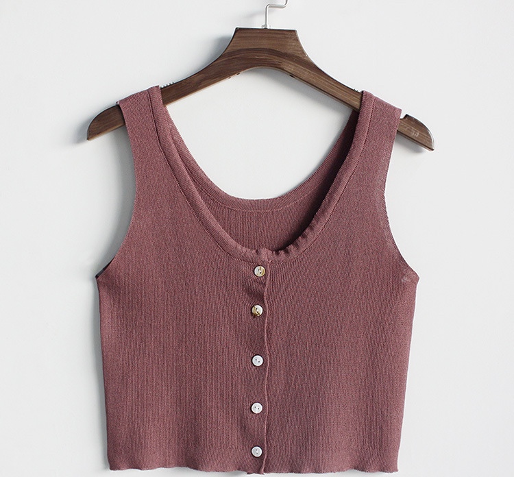 Short Summer Style, Versatile, Solid Color, Knit Straps, Sleeveless Button-down Casual Tank Top,