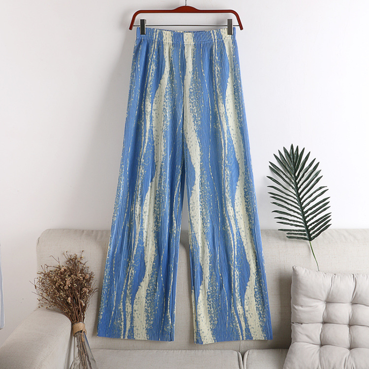 Summer, Pleated Long, Tie-dyed Print, Pleated Wide-leg Pants, Painted Straight, Elasticated Waist, Casual Floor-length Pants