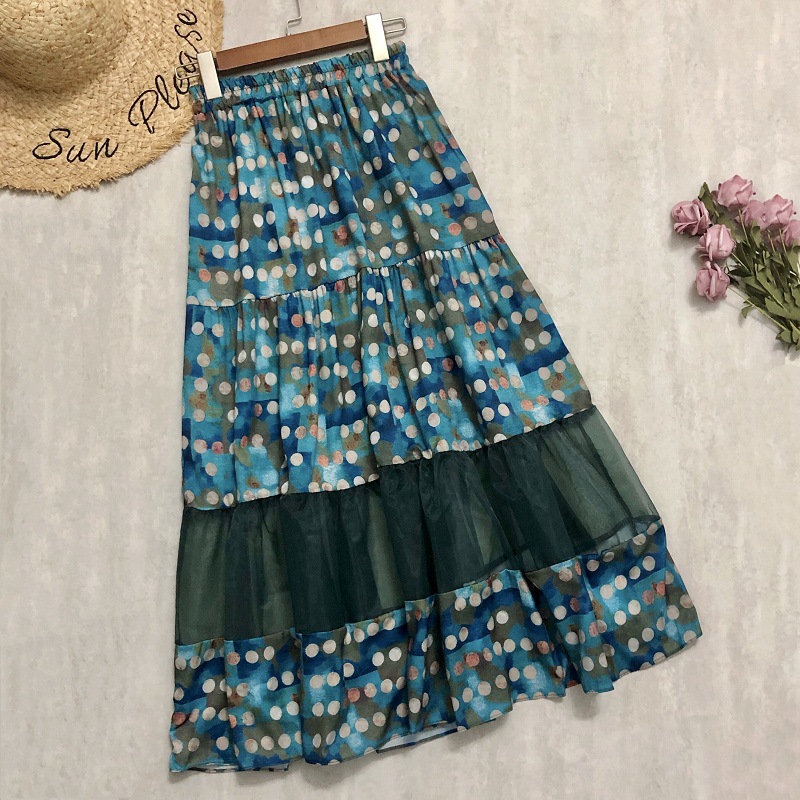 Style Skirt, Mid-length A-line Skirt, Polka Dot Print Splicing Mesh Drape Feeling Gauze Skirt