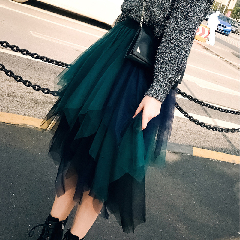 New multi-layer multicolor, irregular mesh splicing skirt, midi tulle skirt