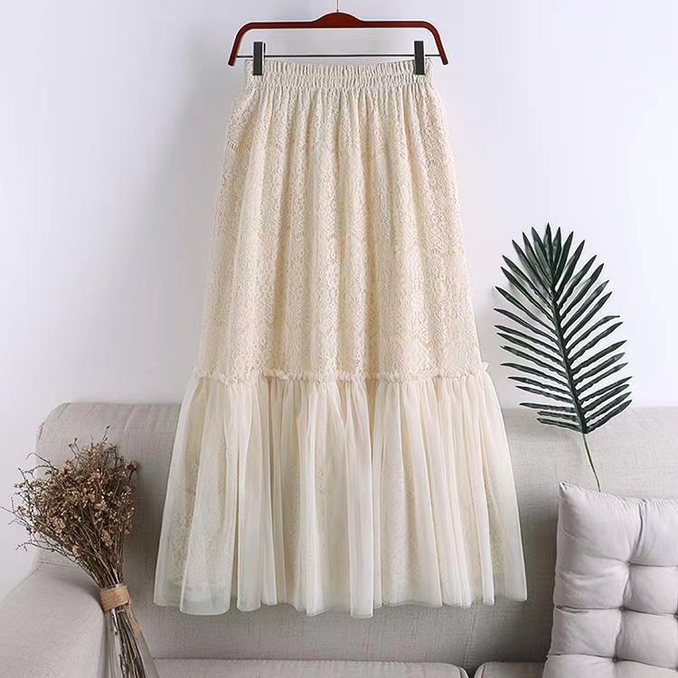 Spring and Summer Women's Half-skirt, Lace Long Style, Hollow Splicing Mesh Skirt, High Waist Skirt