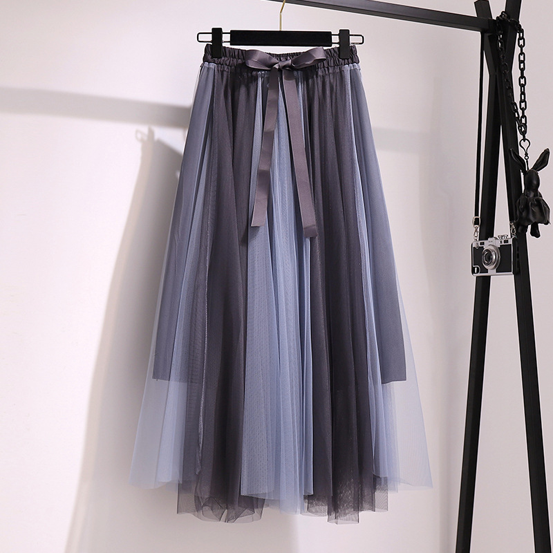 Splicing, Tie Bow Net Pleated Skirt, Patchwork Belt Large Drape Feeling Gauze Skirt
