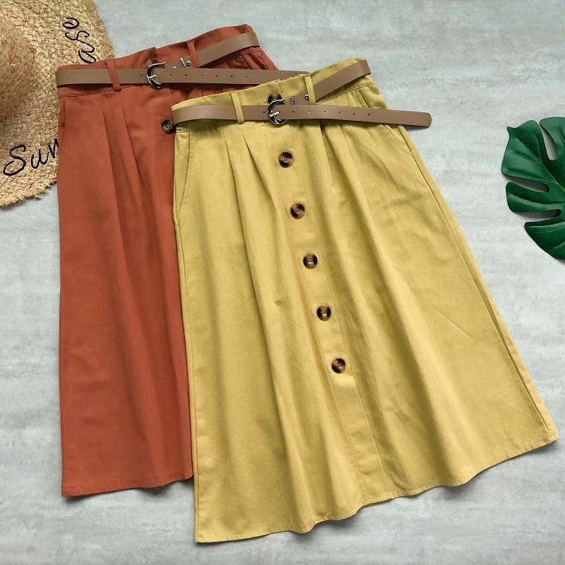 Spring/summer Skirt, Cotton Work Skirt, Single Breasted Pocket, Forest High Waist A-line Skirt, Complimentary Belt