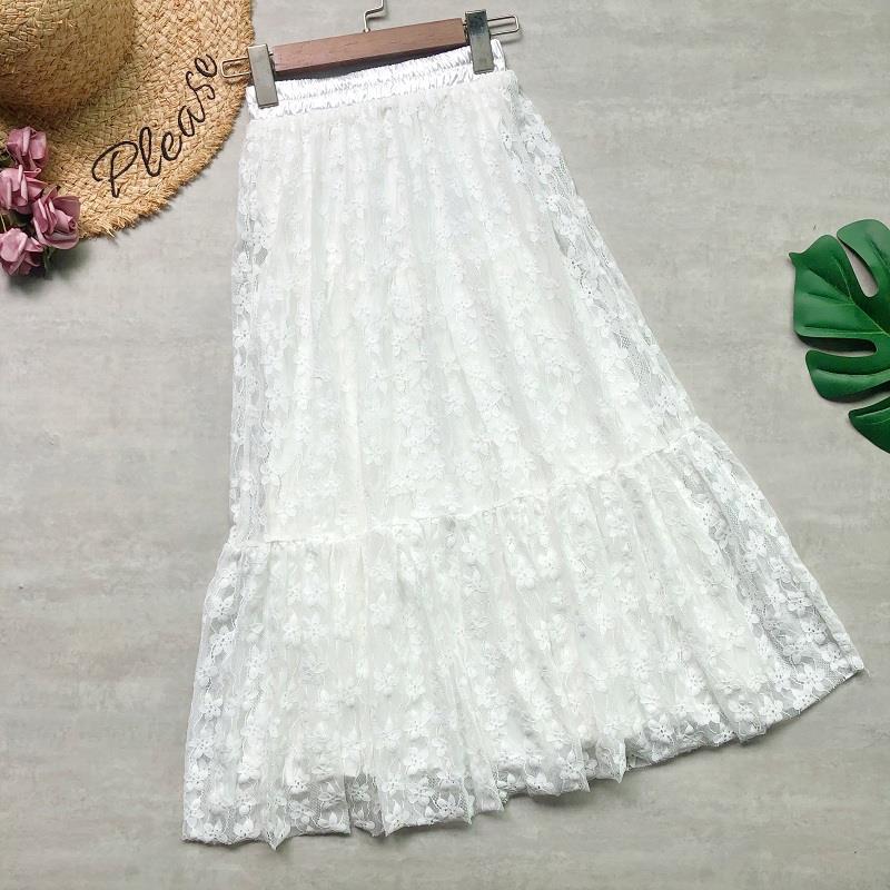 Two-sided To Wear, Lace Patchwork Ruffled A-line Skirt, High Waist Puffy Pleated Skirt