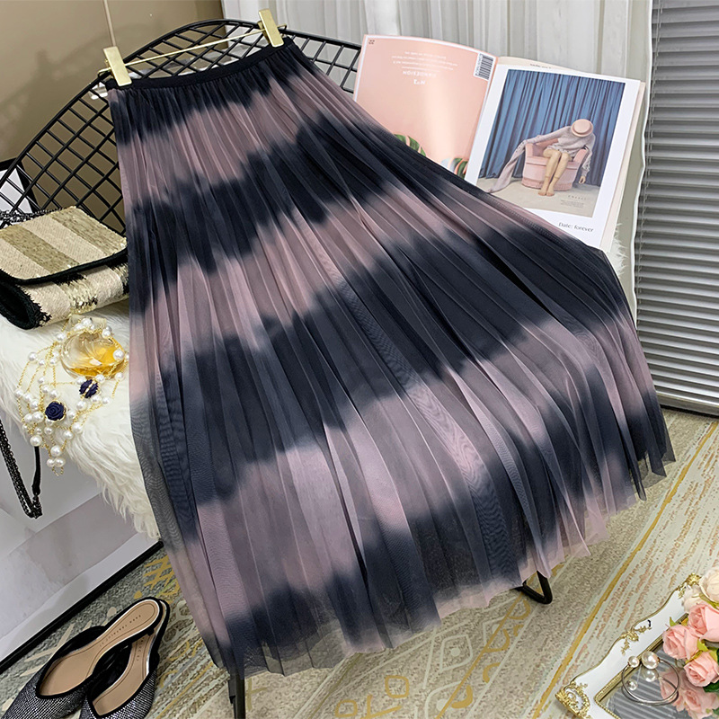 Gauze Skirt, Clash Color Stripes Pleated Skirt, Midi Vertical Skirt With Gradient Color