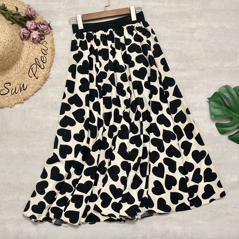 Summer Skirt, Heart Print A-line Skirt, Cotton Drape Midi Umbrella Skirt