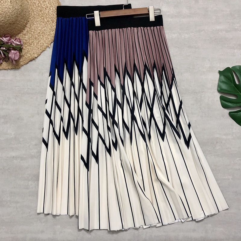Spring/summer Skirt, Rhomboid Print Pleated Skirt, High Waist, Striped Patchwork, Bohemian Cotton A-line Skirt
