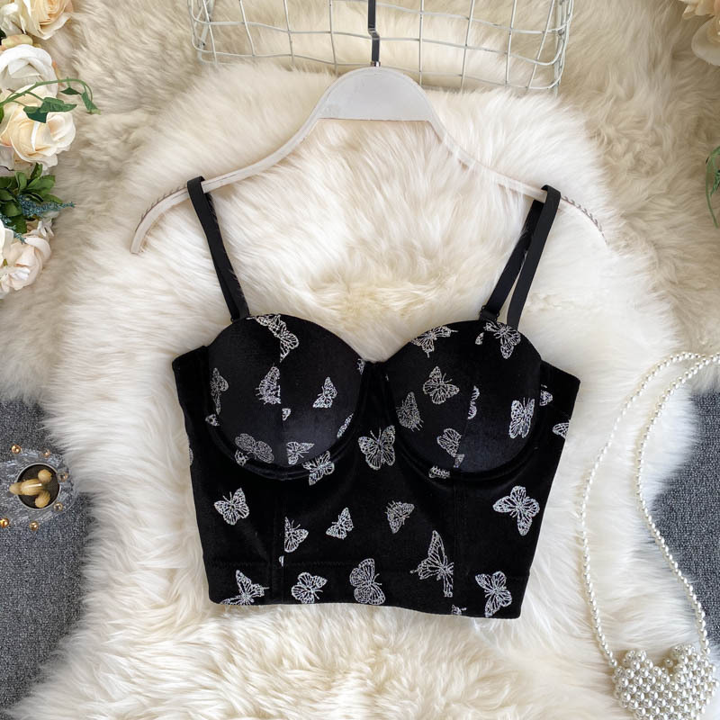 Vintage Style, Spaghetti Strap Top, V-neck Butterfly Print, Sexy Crop Top