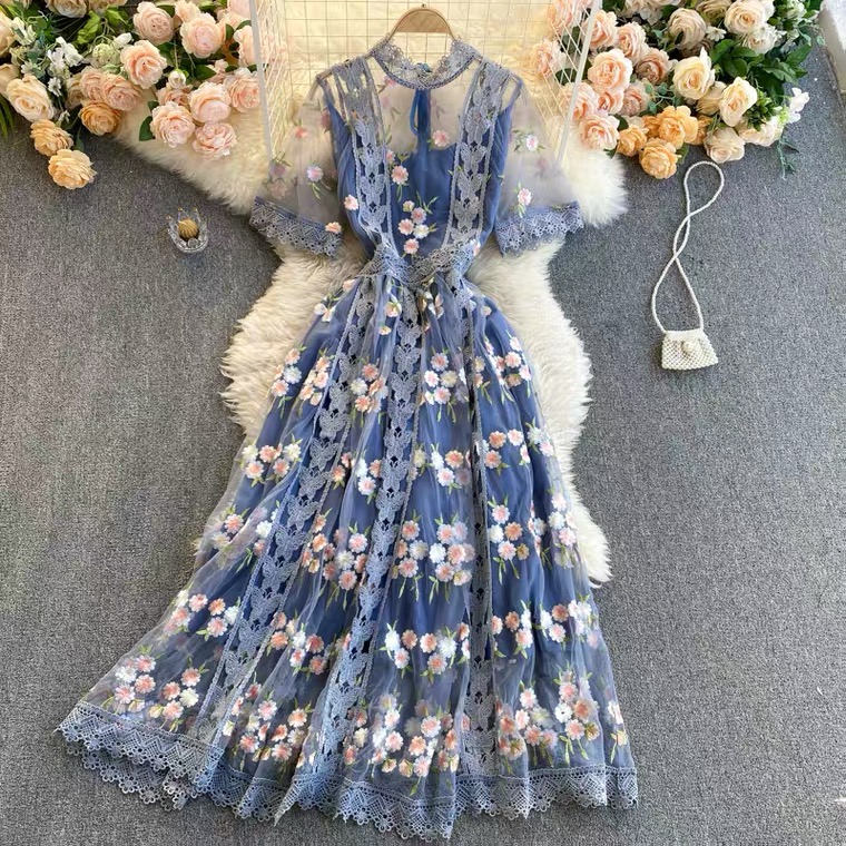 Fairy Gentle Wind Dress, Round Neck, Short Sleeves, Tulle Embroidered Crocheted High Quality Dress