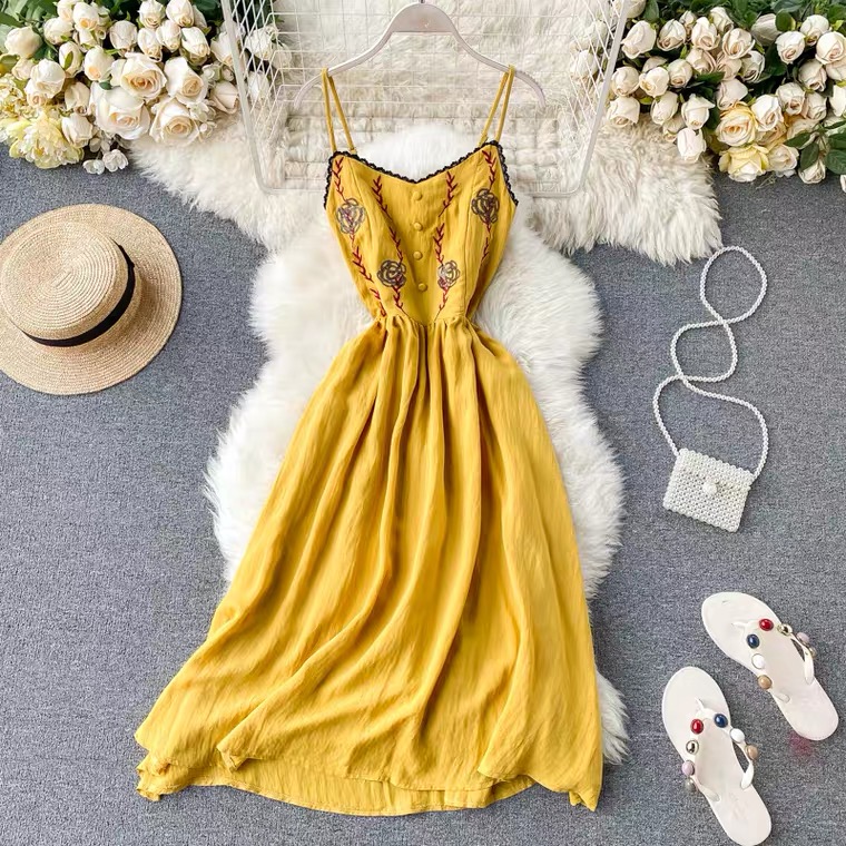 Bohemian, Heavy Embroidery, Halter Dress, Sexy Backless, Vintage Square Neck, Over The Knee Dress