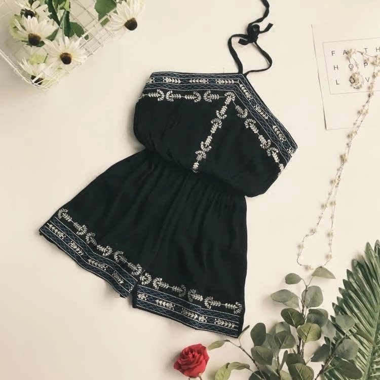 Folk Style Triangle Embroidery, Neck Embroidery Broad-leg Dress, One-piece Romper, Beach Dress Holiday