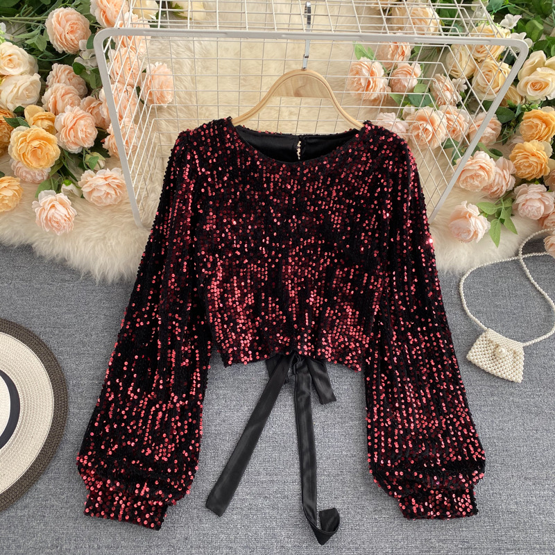 Socialite temperament, spring and autumn, hollow out backless, short paragraph sequined blouse
