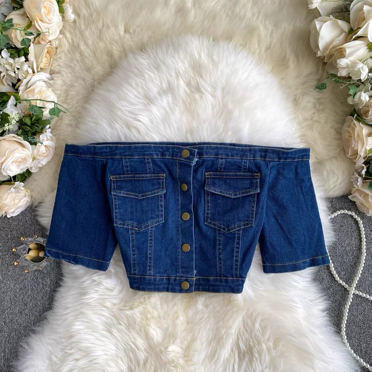 Sexy, vacation style, short crop, all-match off shoulder top, chic vintage denim button-down shirt