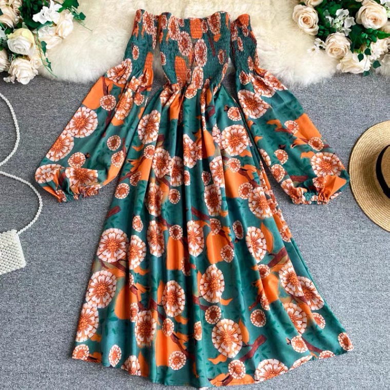 Spring And Autumn, Printed, Sexy, Off Shoulder, Stretch Bust, Long Beach Dress, Bubble Sleeve Dress