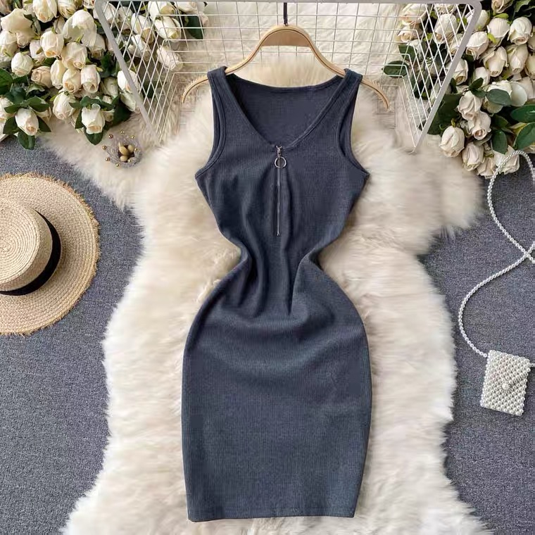 Spring Dress, Design Sense Of Zipper, V-neck Bodycon Dress, Short Sleeveless Dress