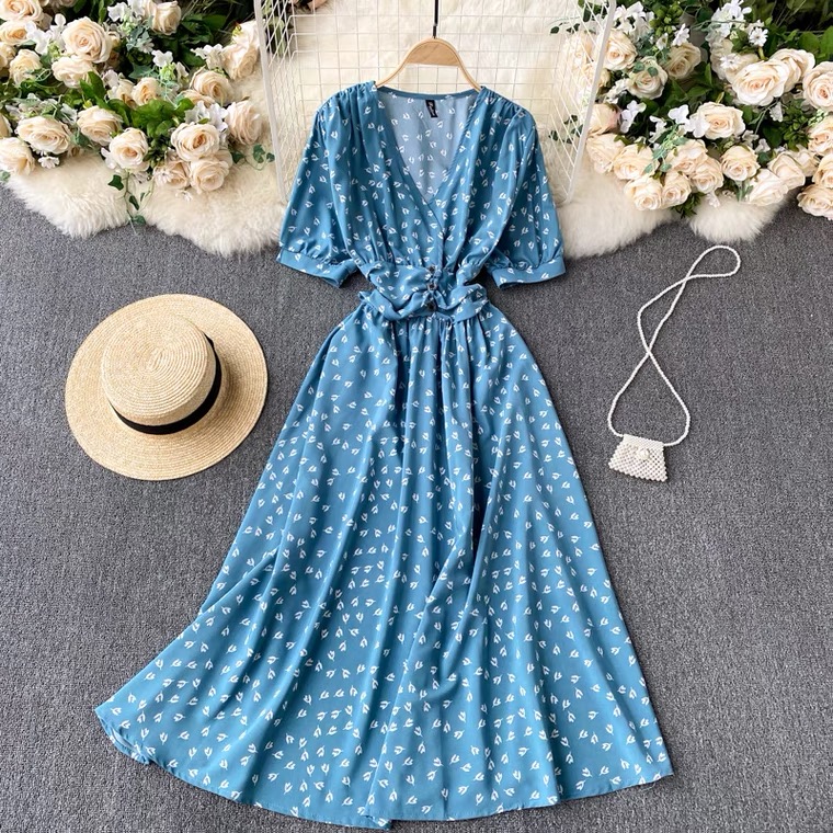 Spring Style, V-neck Pleated, Vintage Printed Dress