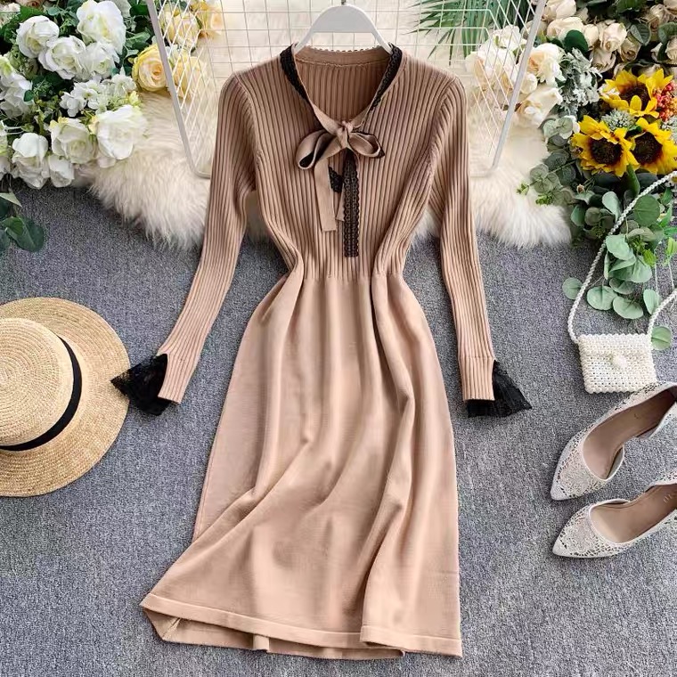Spring And Autumn , Sweet Lace Tie, Long Sleeve Knitted Dress