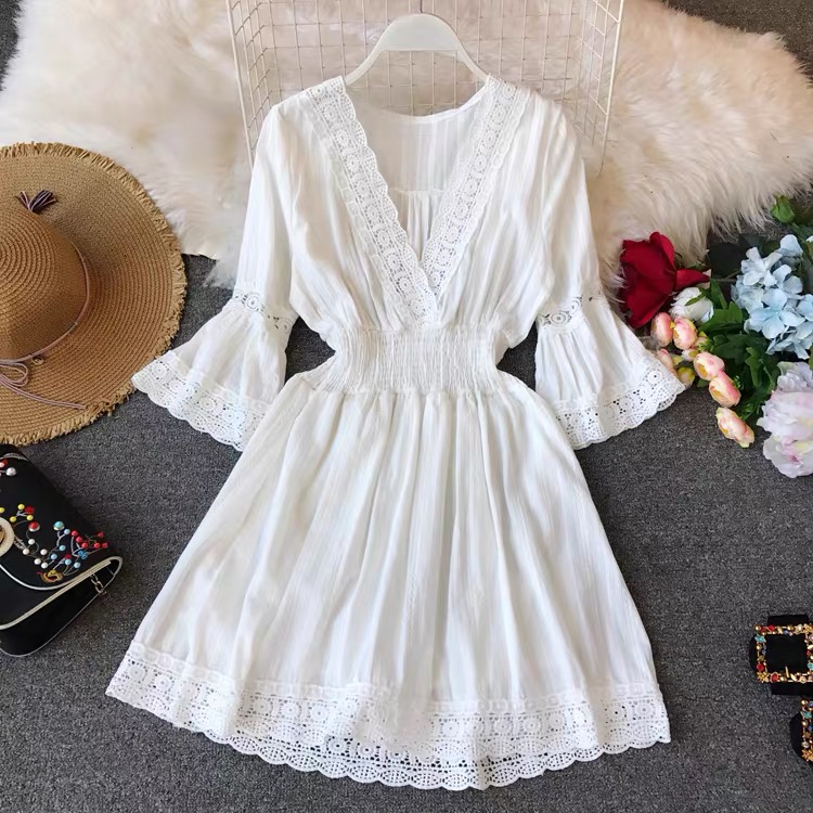 Summer Style, Holiday Beach Dress, Lace Hollow-out, Elastic Waist, White Dress