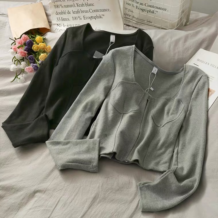 Short Style Zipper Cardigan, T - Shirt, Spring And Autumn Tight Sleeve, Square Collar Crop Top