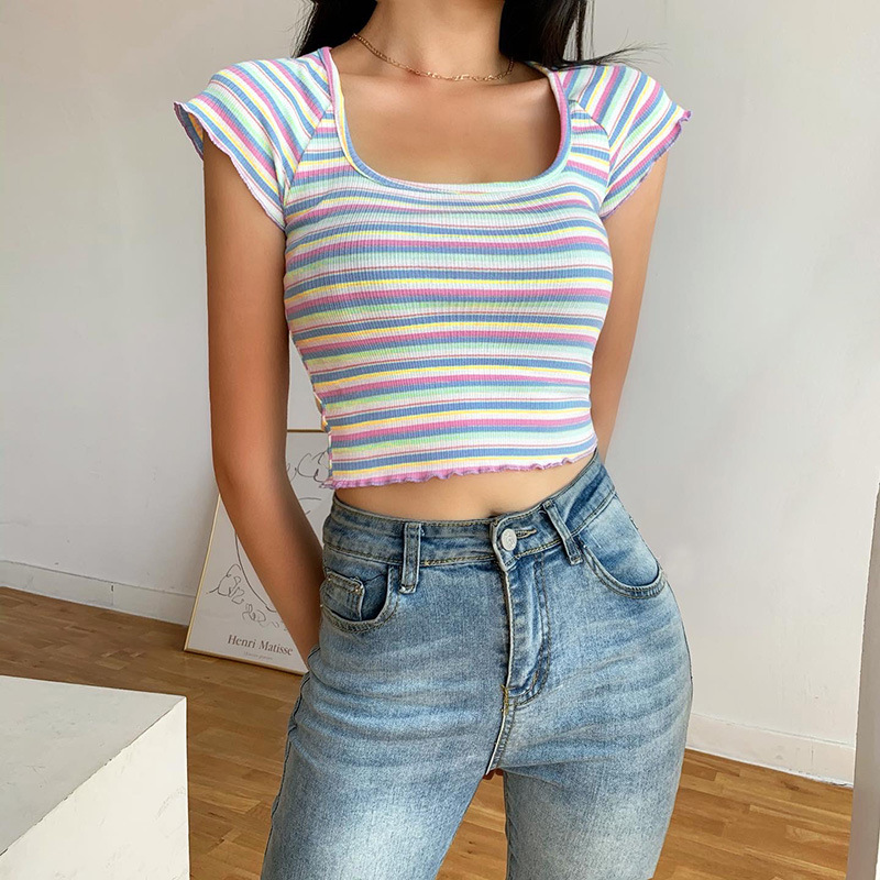 Colored Pit Strip T-shirt, Sexy Crop Top, Square Collar Short Sleeve Top