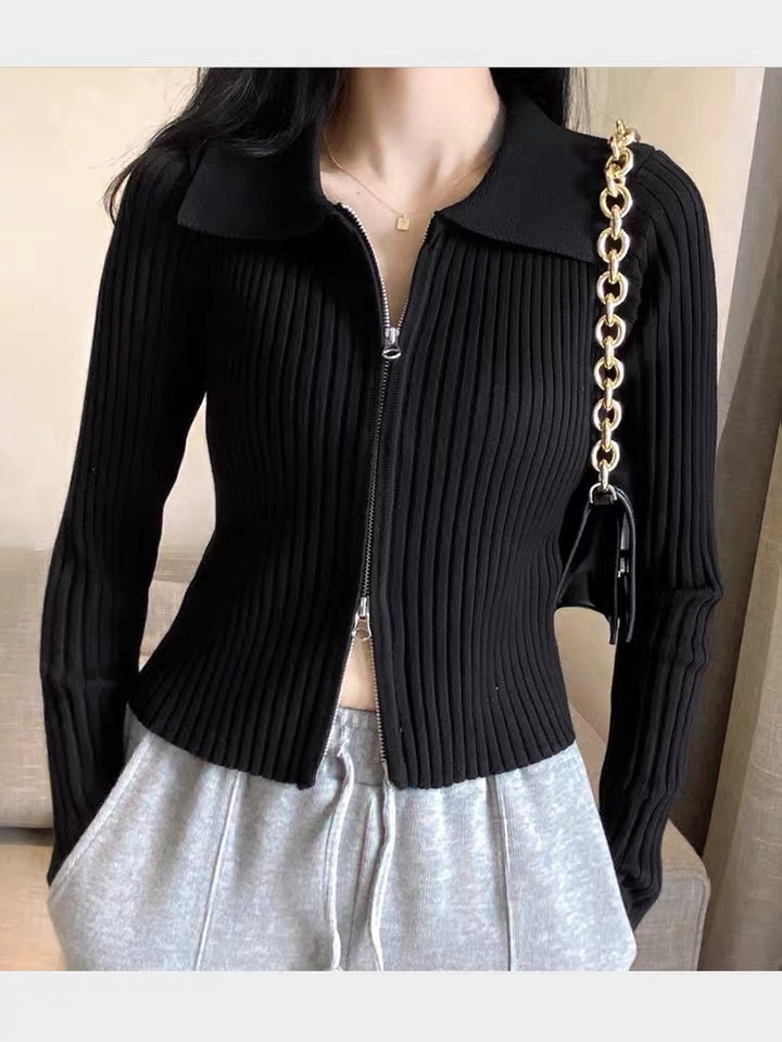 Pit Strip Zipper Knit Cardigan, Spring And Autumn Tight Black Top, Versatile Short Style, Lapel Long Sleeve Crop Lapel Long Sleeve Sweater
