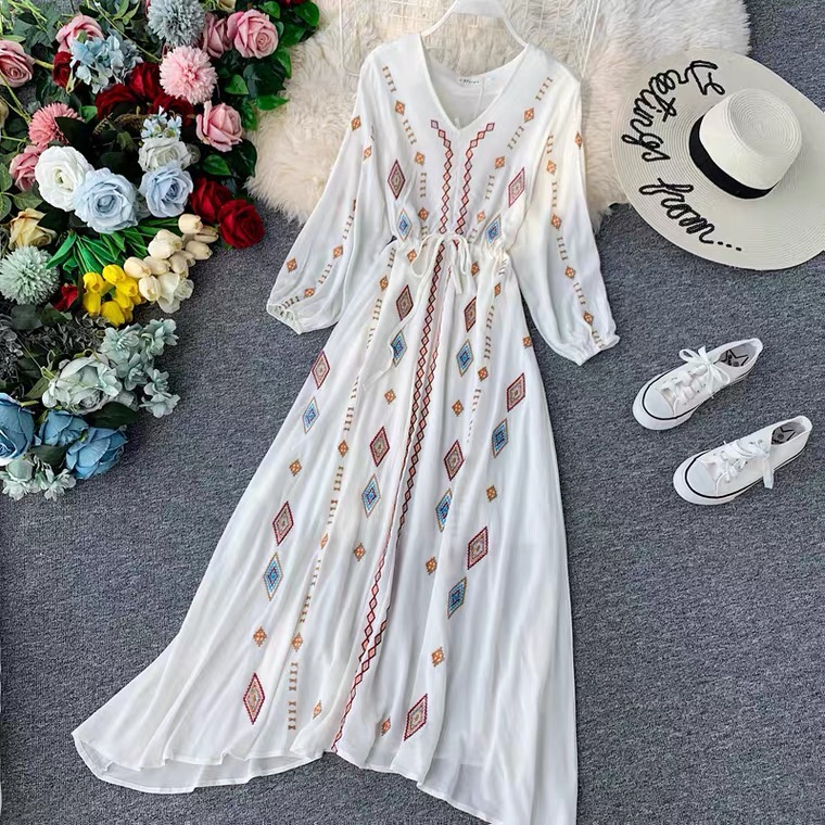 Spring Style, Goddess Dress, V-neck White Dress, Embroidered Dress