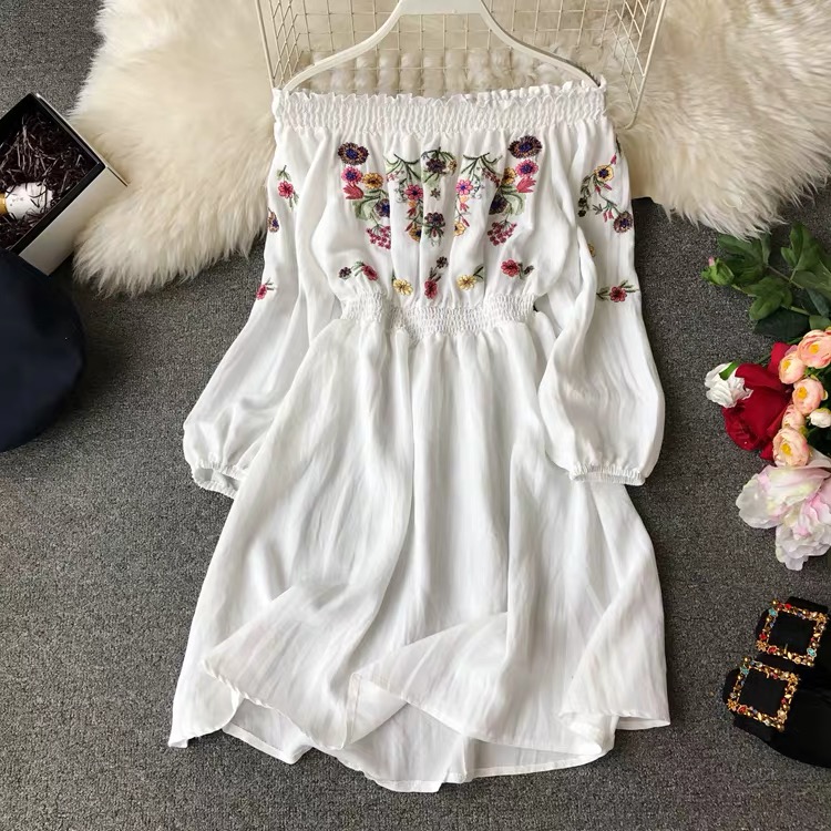 Long - Sleeve White Dress,off Shoulder White Dress,embroidered Midi Dress