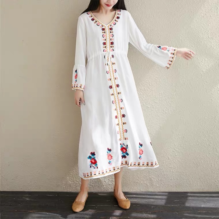Holiday Beach Suntan Dress, Bohemian, Ethnic, Vintage, Artsy, Embroidered Dress With Flared Sleeves